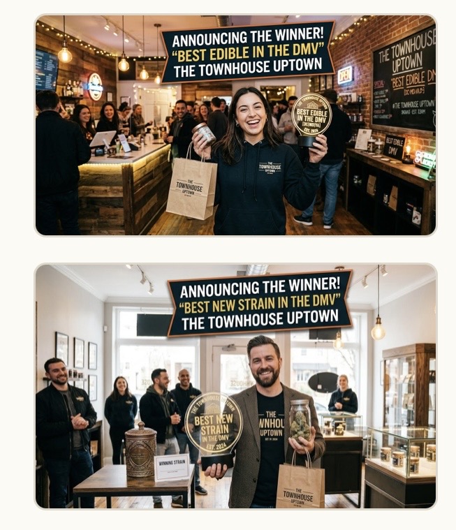 The Townhouse Uptown team announcing the wins — Best Edible in the DMV and Best New Strain in the DMV — inside the shop